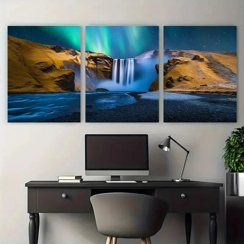 3pcs Skogafoss Waterfall Northern Lights Icelandic Metal Print Ready to Hang Art