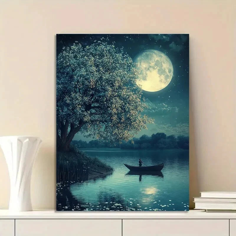 Moonlit Water Serene Vintage Style Painting 40x60cm Metal Print Ready to Hang