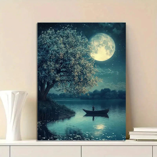 Moonlit Water Serene Vintage Style Painting 40x60cm Metal Print Ready to Hang