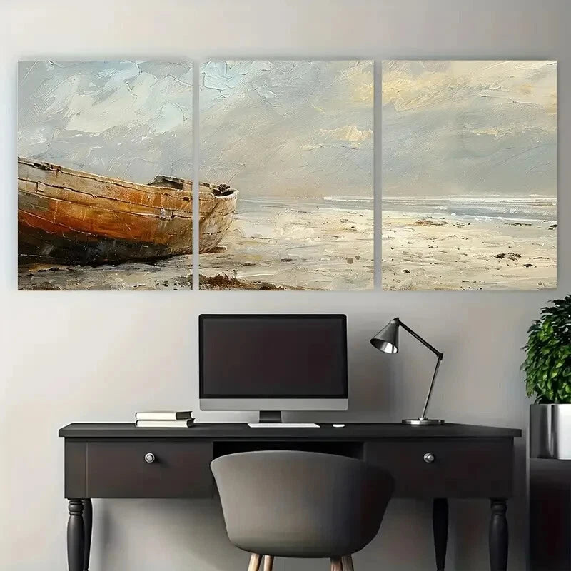 3pcs Lonely Wooden Boat on the Beach Impressionist Metal Print Ready to Hang Art