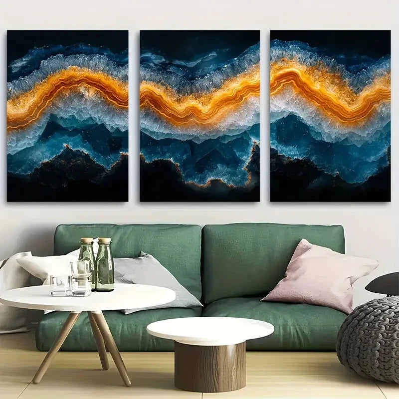 3pcs Abstract Spiral Petrified Earthy Blue Orange Metal Print Ready to Hang Art