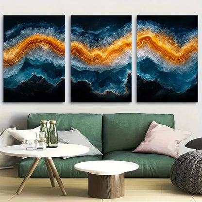3pcs Abstract Spiral Petrified Earthy Blue Orange Metal Print Ready to Hang Art