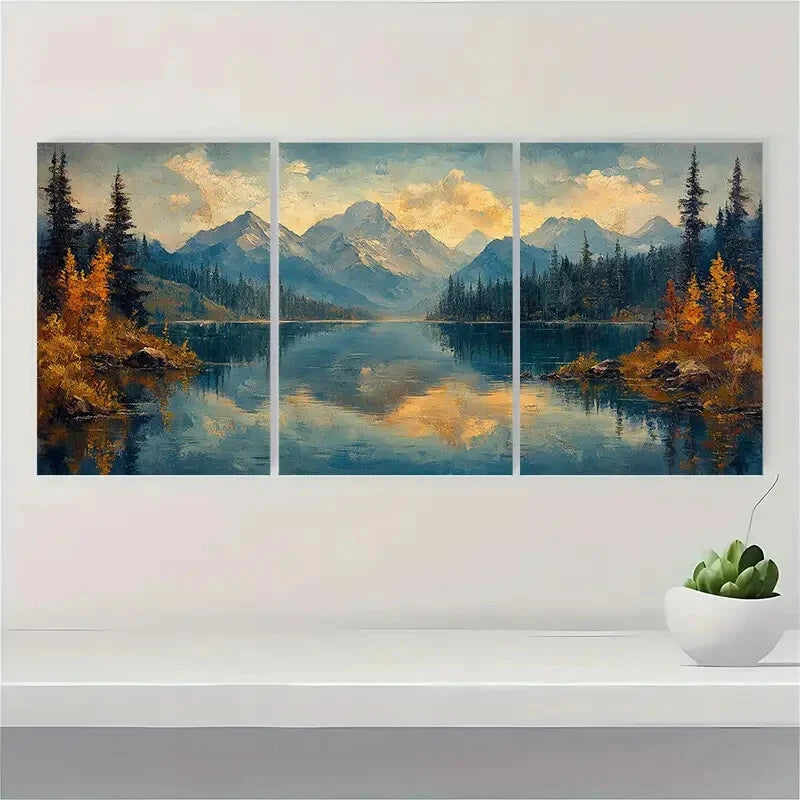 3pcs Rustic Lake Painting Mountain Landscape Metal Print Ready to Hang Art