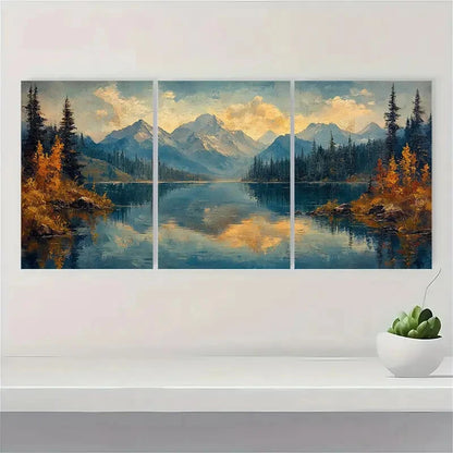 3pcs Rustic Lake Painting Mountain Landscape Metal Print Ready to Hang Art