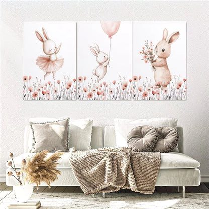 3pcs Pink Bunny with Wildflowers Wall Art Set Canvas Framed 60x90cm – High Quality Print, 100% Australian Made Wall Canvas, Ready to Hang