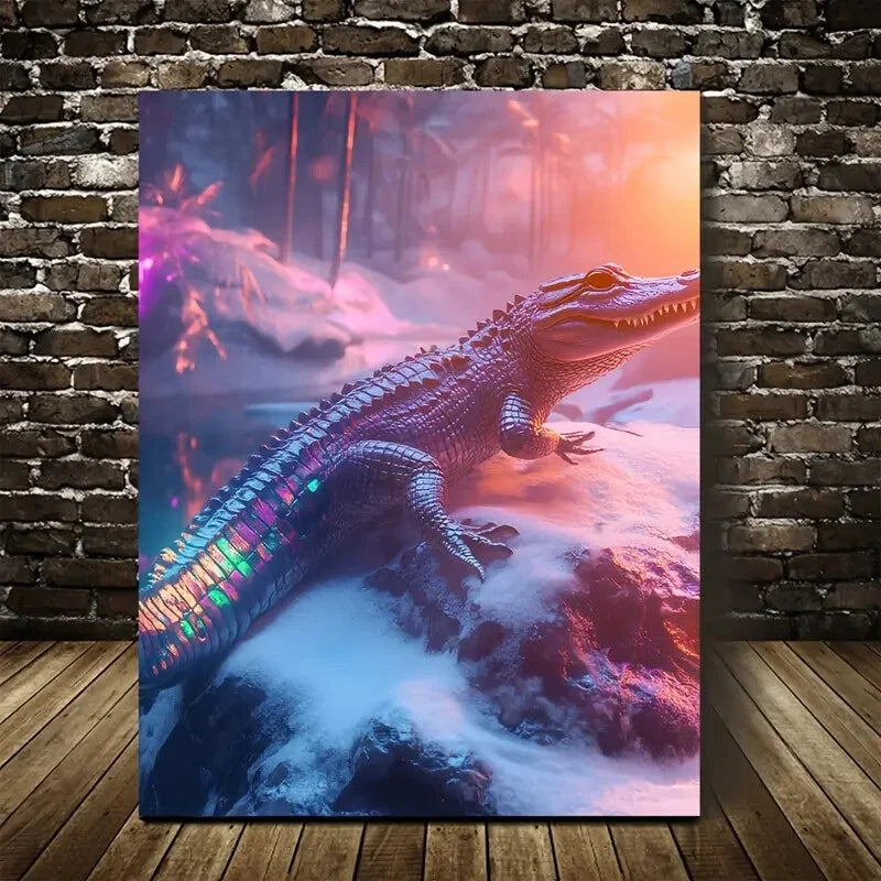 Beautiful Vibrant Cyberpunk Crocodile Painting 40x60cm Metal Print Ready to Hang