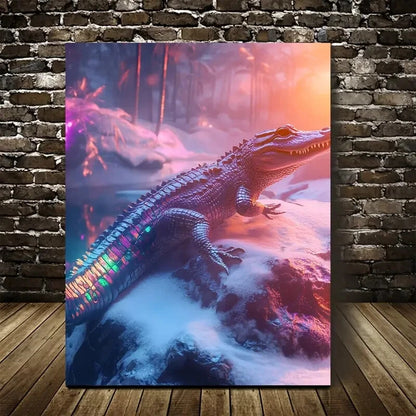 Beautiful Vibrant Cyberpunk Crocodile Painting 40x60cm Metal Print Ready to Hang