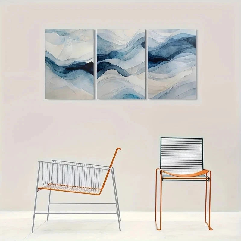 3pcs Abstract Watercolor Blue & White Waves Metal Print Ready to Hang Art