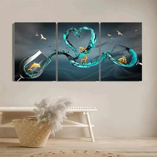 3pcs Glass Wine Glass Art Golden Dolphin Metal Print Ready to Hang Art