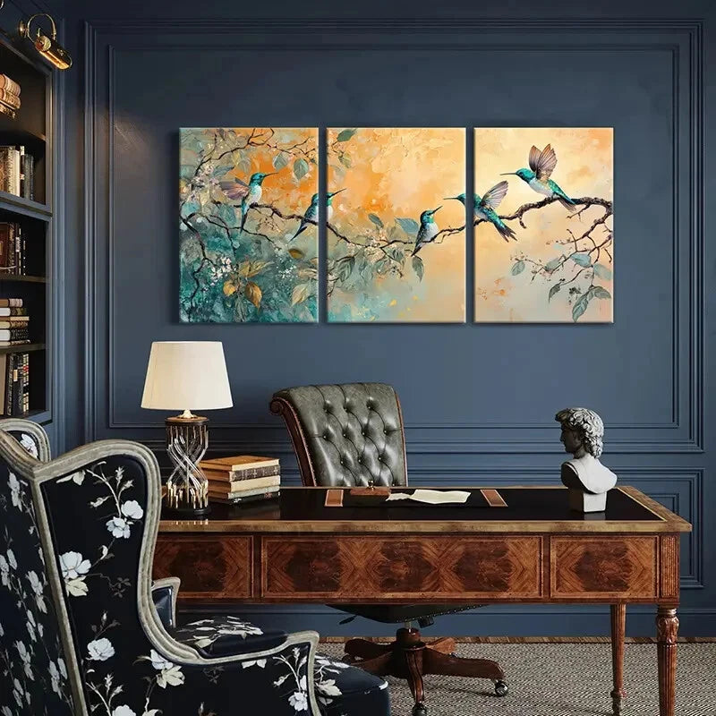 3pcs Hummingbird Floral Abstract Art Vintage Metal Print Ready to Hang Art