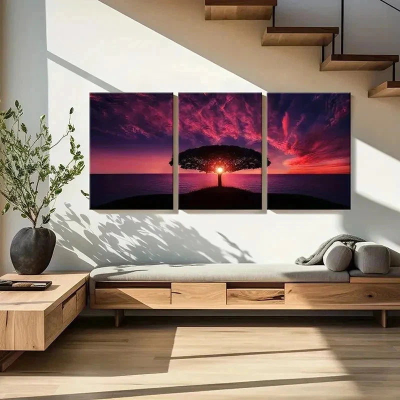 3pcs Red Sunset Trees In The Sea Wall Art Set Canvas Framed 40x60cm - High Quality Print 100% Australian Made Wall Canvas Ready to Hang