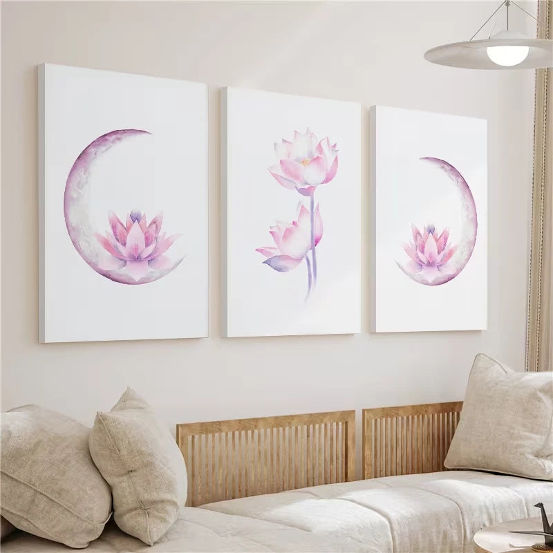 3pcs Lotus Flower Boho Moon Watercolor Painting Wall Art Set Canvas Framed 60x90cm - High Quality Print 100% Australian Made Wall Canvas Ready to Hang