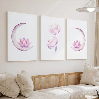 3pcs Lotus Flower Boho Moon Watercolor Painting Wall Art Set Canvas Framed 60x90cm - High Quality Print 100% Australian Made Wall Canvas Ready to Hang