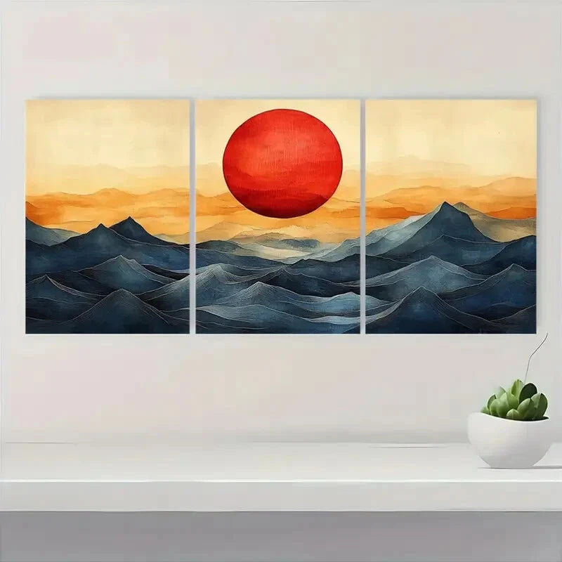 3pcs Abstract Sun and Waves Bauhaus Style Metal Print Ready to Hang Art