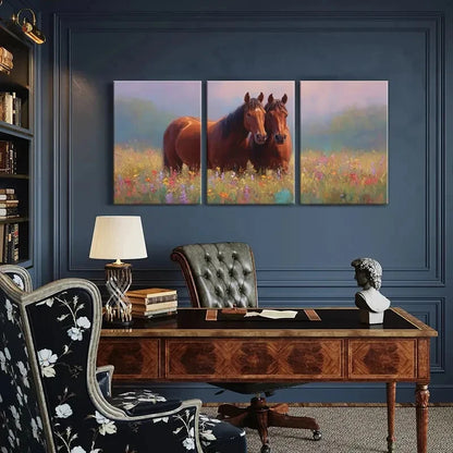 3pcs Artistic Horses In Floral Field Rustic Metal Print Ready to Hang Art