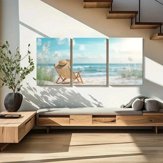 3pcs Beach Straw Hat Ocean View Serenity Metal Print Ready to Hang Art