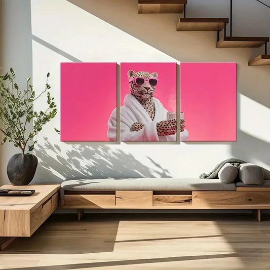 3pcs Artistic Leopard Wearing Fashion Glasses Metal Print Ready to Hang Art