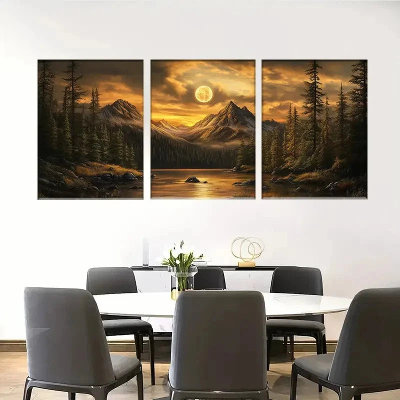 3pcs Sunset Mountain Lake Serene Forest Scene Metal Print Ready to Hang Art