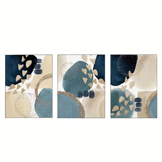 3pcs Blue and Golden Abstract Art  Wall Art Set Canvas Framed 60x90cm - High Quality Print 100% Australian Made Wall Canvas Ready to Hang