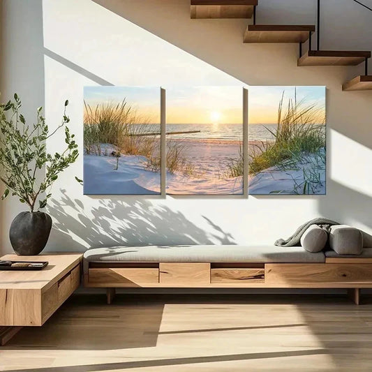 3pcs Seaside Beach Sunset and Sea Modern Wall Art Set Canvas Framed 40x60cm - High Quality Print 100% Australian Made Wall Canvas Ready to Hang
