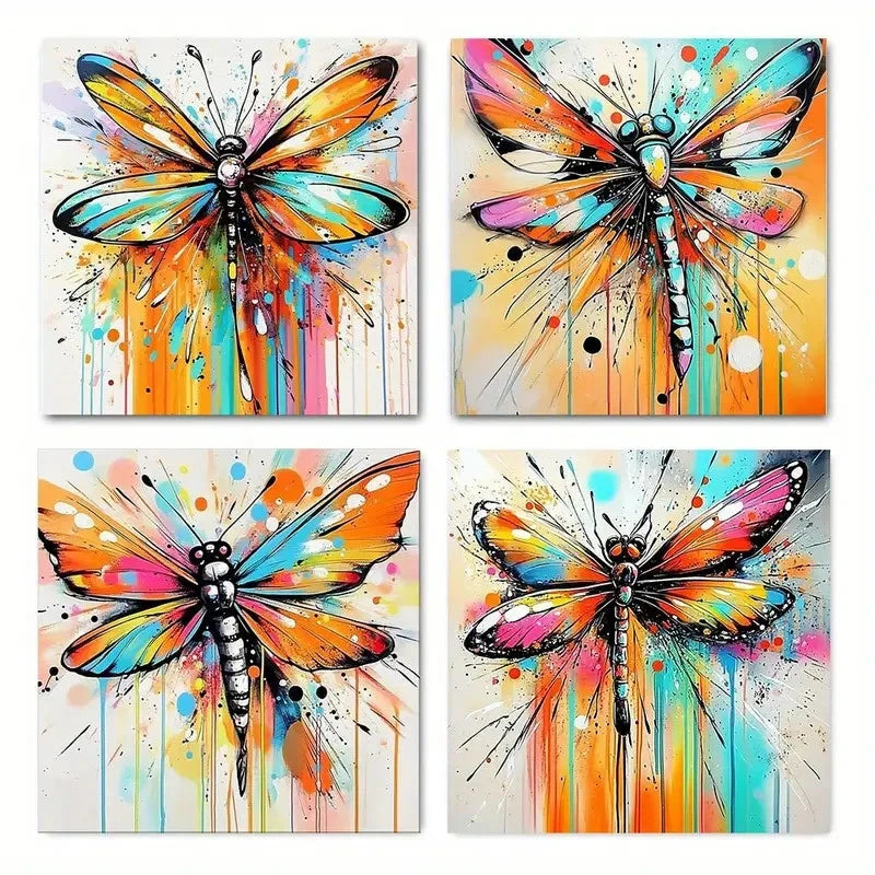 4pcs Colorful Dragonfly Prints  Wall Art Canvas Framed
