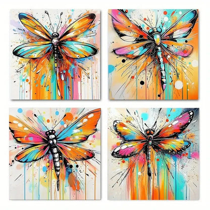 4pcs Colorful Dragonfly Prints  Wall Art Canvas Framed