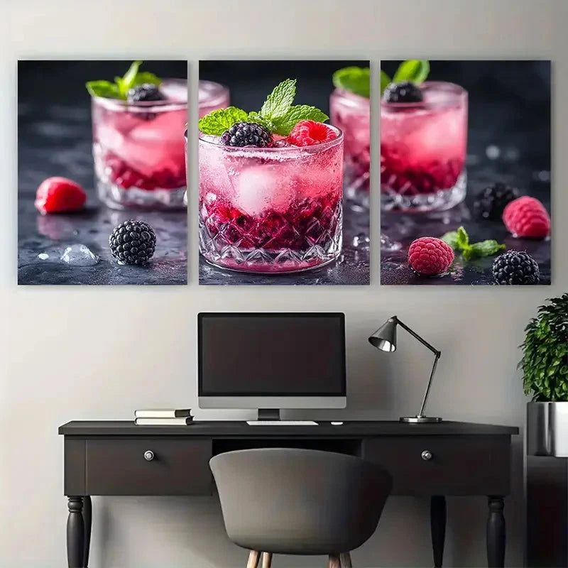 3pcs Fresh Berry Cocktail Décor Perfect Wall Art Set Canvas Framed 40x60cm - High Quality Print 100% Australian Made Wall Canvas Ready to Hang