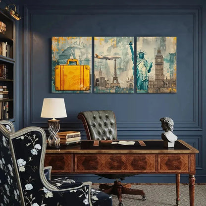 3pcs Statue Of Liberty Eiffel Tower Airplane Metal Print Ready to Hang Art