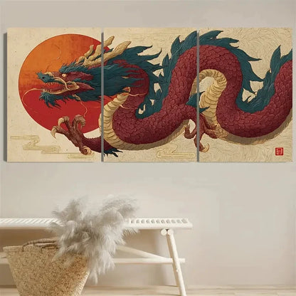3pcs Japanese Dragon Fantasy Oriental Print Wall Art Set Canvas Framed 60x90cm - High Quality Print 100% Australian Made Wall Canvas Ready to Hang