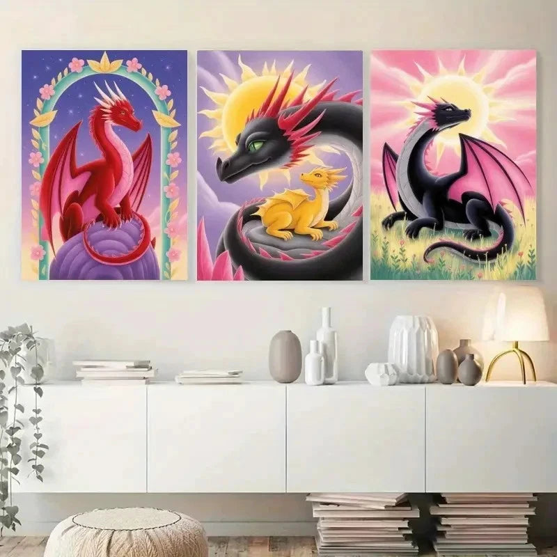 3pcs Dragon Flowers Fantasy Illustration Metal Print Ready to Hang Art