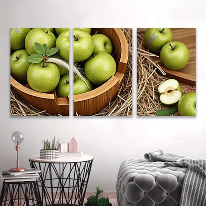 3pcs Wooden Bowl with Green Apples Wall Art Set Canvas Framed 60x90cm - High Quality Print 100% Australian Made Wall Canvas Ready to Hang