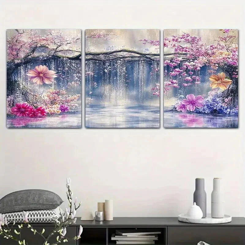 3pcs Vibrant Pink and Purple Flowers with Serene Metal Print Ready to Hang Art