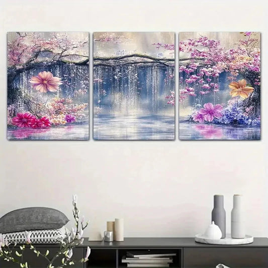 3pcs Vibrant Pink and Purple Flowers with Serene Metal Print Ready to Hang Art