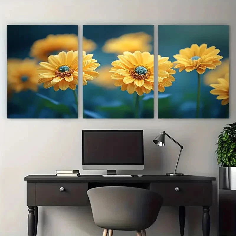 3pcs Bright Yellow Dahlberg Daisy Flower Design Wall Art Set Canvas Framed 50x70cm - High Quality Print 100% Australian Made Wall Canvas Ready to Hang
