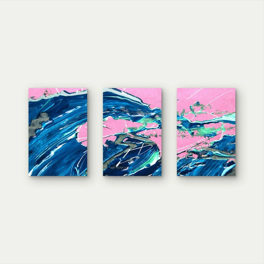 3pcs Pink, Blue and Gold Fluid Paint Art Wall Art Set Canvas Framed 60x90cm - High Quality Print 100% Australian Made Wall Canvas Ready to Hang