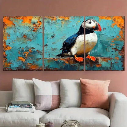 3pcs Puffin Bird Impasto Rustic Illustration Wall Art Set Canvas Framed 50x70cm - High Quality Print 100% Australian Made Wall Canvas Ready to Hang
