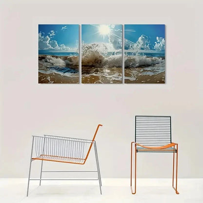 3pcs Beach Waves Ocean Sunset Metal Print Ready to Hang Art