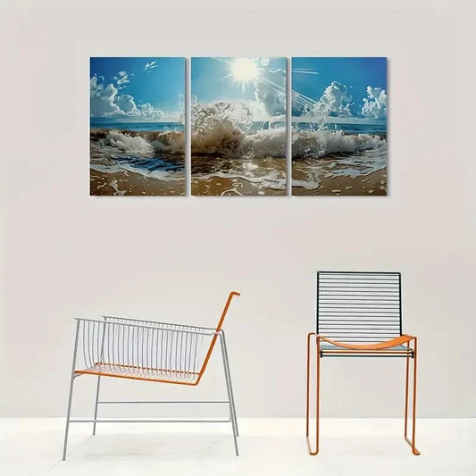 3pcs Beach Waves Ocean Sunset Metal Print Ready to Hang Art