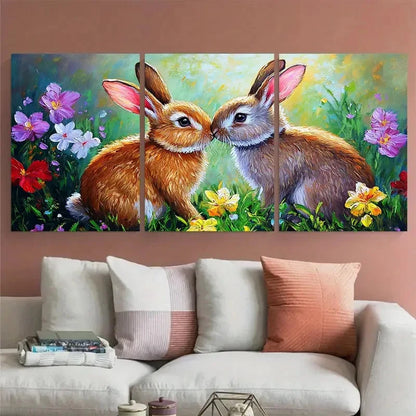 3pcs Vibrant Bunny Couple Rabbits Kissing Metal Print Ready to Hang Art