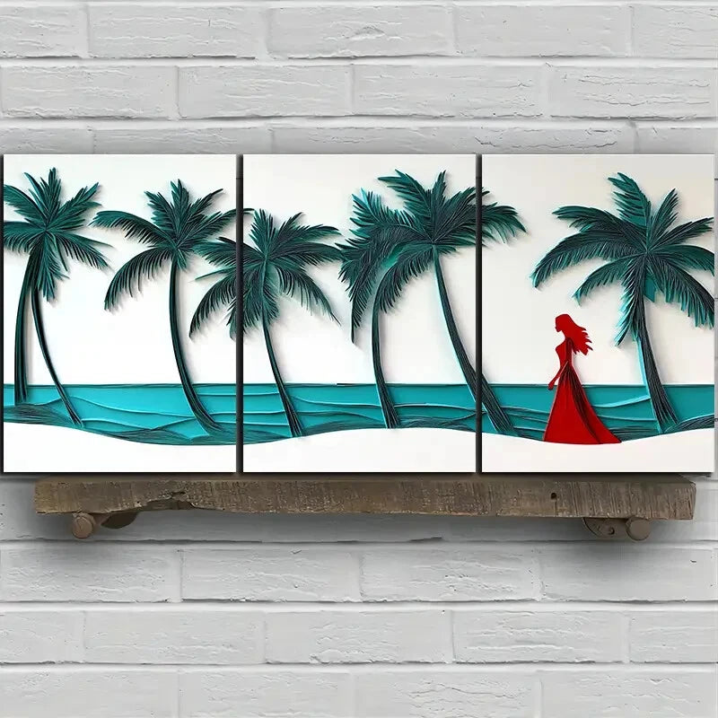 3pcs Coconut Trees And Women on The Beach Metal Print Ready to Hang Art