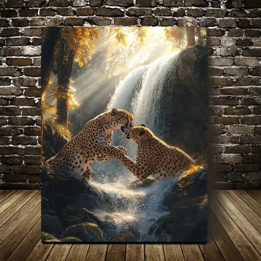 Vibrant Cyberpunk Featuring Playful Cheetahs Painting 40x60cm Metal Print Ready to Hang