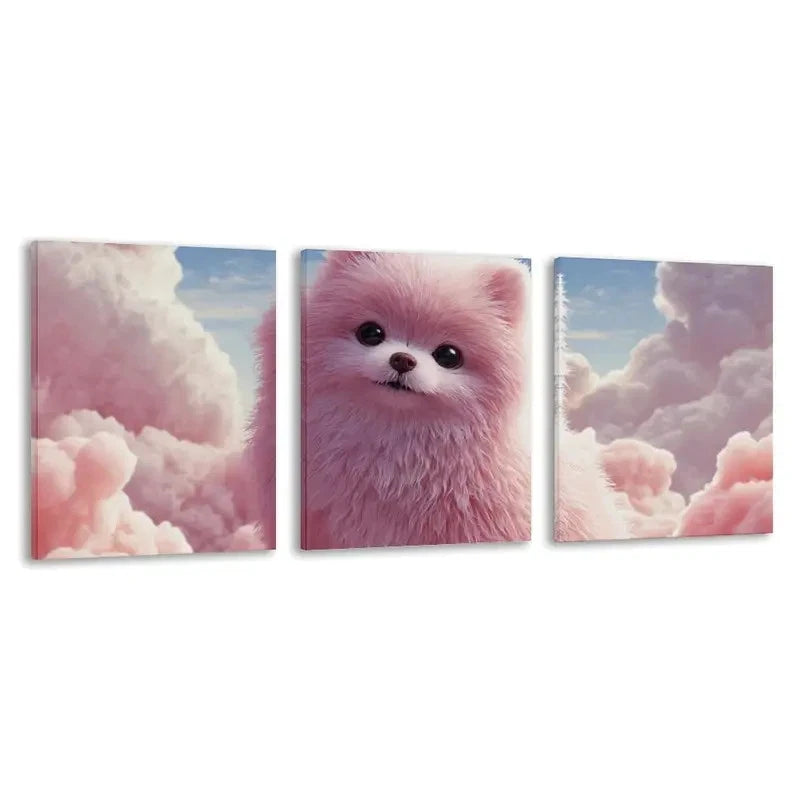 3pcs Pink Pomeranian Dog with Clouds  Wall Art Set Canvas Framed 60x90cm - High Quality Print 100% Australian Made Wall Canvas Ready to Hang