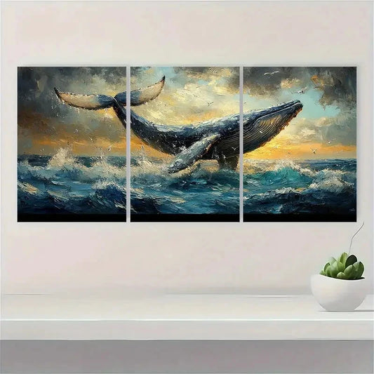 3pcs Whale Tail Painting Oil Landscape Metal Print Ready to Hang Art