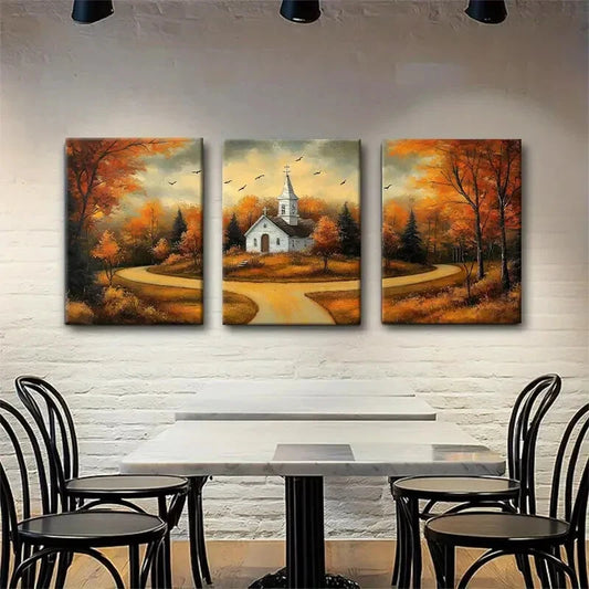 3pcs Autumn Church Landscape Rustic Perfect Wall Art Set Canvas Framed 40x60cm - High Quality Print 100% Australian Made Wall Canvas Ready to Hang