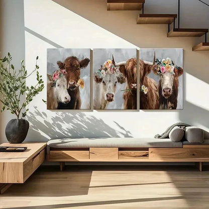 3pcs Highland Cattle with Flowers Vintage Wall Art Set Canvas Framed 40x60cm - High Quality Print 100% Australian Made Wall Canvas Ready to Hang