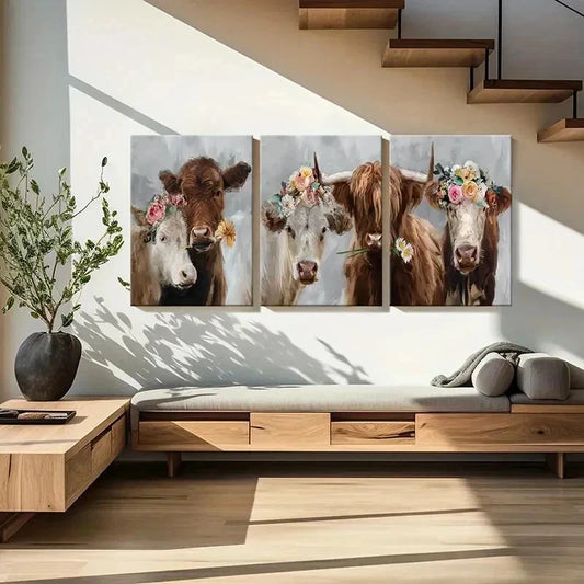 3pcs Highland Cattle with Flowers Vintage Wall Art Set Canvas Framed 40x60cm - High Quality Print 100% Australian Made Wall Canvas Ready to Hang