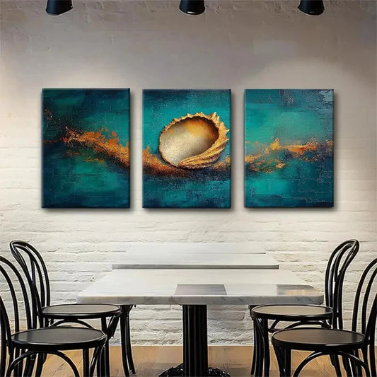 3pcs Ocean Inspired Abstract Shell Golden Metal Print Ready to Hang Art