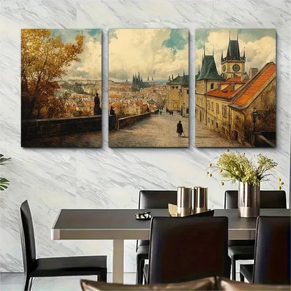 3pcs Prague Cityscape Czech Republic European Metal Print Ready to Hang Art