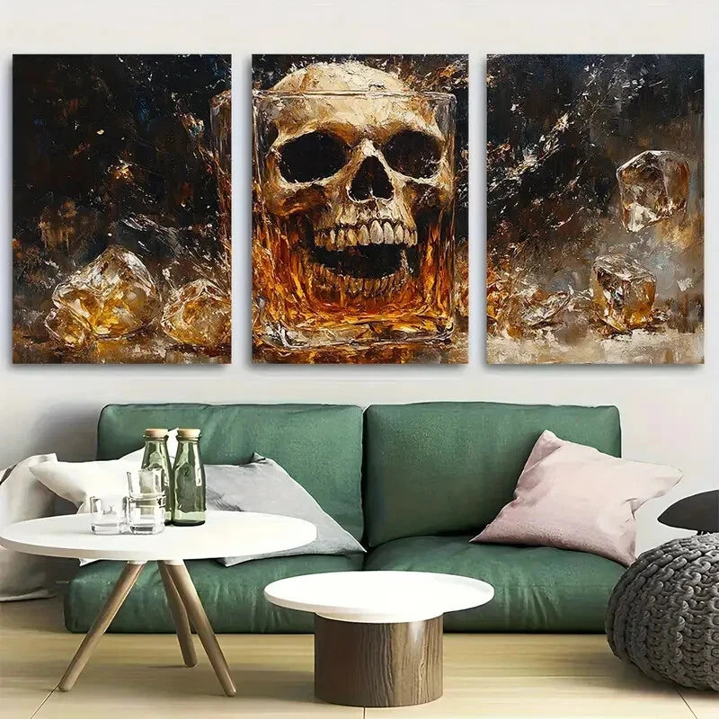 3pcs Skull Whiskey in Glass Design Metal Print Ready to Hang Art