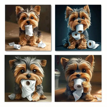 4pcs Yorkie Dog With Toilet Paper, Wall Art Canvas Framed